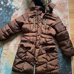 Kensie Girl Chocolate Puffer Coat with Faux Fur Trim